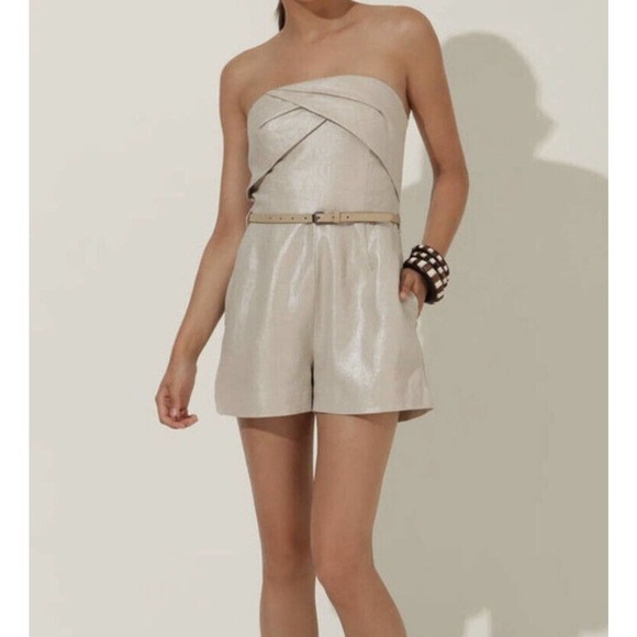 Tart Collections | Linen Jumper Womens Size M Beige Strapless Romper - Picture 2 of 10